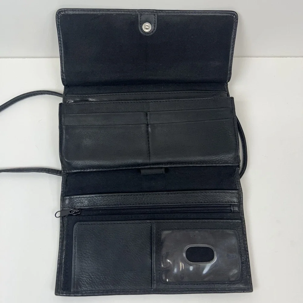 FOSSIL Leather Wallet Clutch Removable Crossbody Shoulder Strap‎ Organizer Black